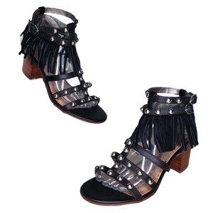 Sam Edelman Size 9 Shaelynn Sandals Black Studded Fringe Leather Block Heels